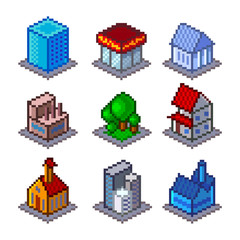 Fototapeta premium Pixel isometrical city buildings icons vector set