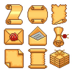 Pixel paper scrolls icons vector set
