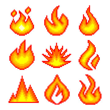 Pixel fire for games icons vector set