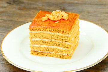 Delicious Honey Cake Decorated with Chocolate.