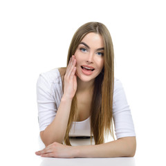 Portrait of surprised girl with open mouth, over white backgroun