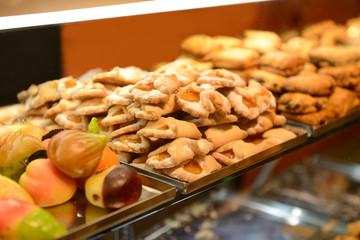 Fresh pastry. Marzipan, cookie, biscuit, candy on are displaying