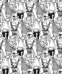 Big group monkey seamless black and white pattern