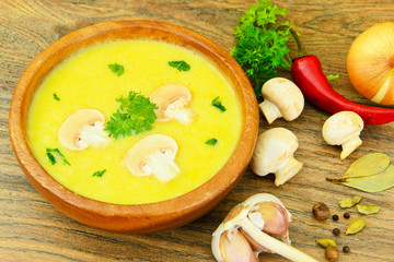 Puree Cream Soup of Zucchini with Mushrooms.