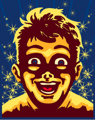 Happy amazed kid face surprised by magic or wonder, surrounded by glittering stars