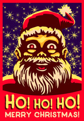 Ho ho ho! Merry christmas vector illustration, vintage happy smiling cartoon santa claus fat belly laugh