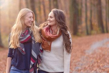 Zwei Freundinnen laufen durch den Wald im Herbst
