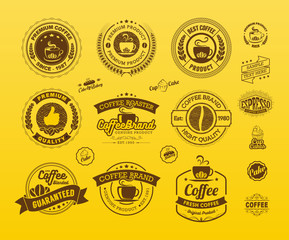 Set of Vintage Retro Coffee Labels and Badges Isolated Yellow Background, Vintage Coffee House Badges Vector, Vintage Coffee Badges and Labels Vector, Vintage and Retro Labels and Badges