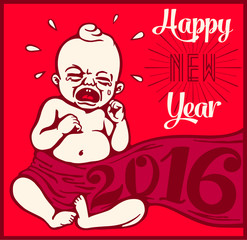 Happy new year 2016! New year's eve vintage cartoon clipart with crying new born baby