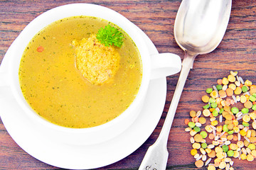 Healthy and Diet Food: Soup with Lentils and Meatballs.