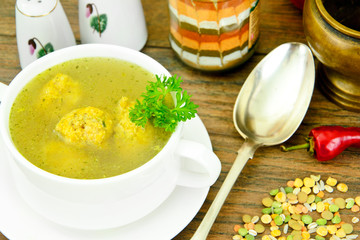 Healthy and Diet Food: Soup with Lentils and Meatballs.