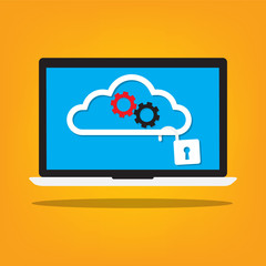 Computer laptop work together on cloud with gear and security ke