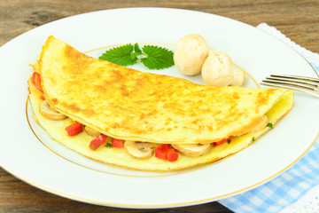 Healthy and Diet Food: Scrambled Eggs with Mushrooms and Vegetab