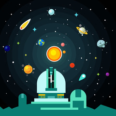 Observatory station, solar system with planets © iconicbestiary