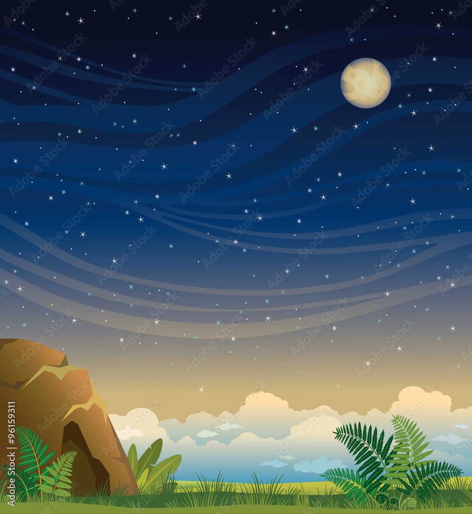 Canvas Prints Summer night landscape with cave and moon.