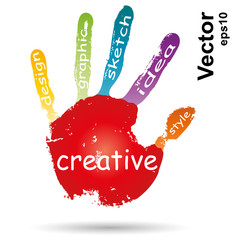 Vector conceptual children painted hand print word cloud