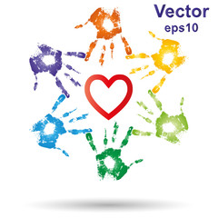 Vector conceptual children painted hand print and heart isolated