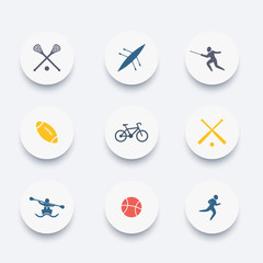 College sports, activities, coloured icons set, vector illustration