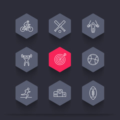 different kind of sports, line hexagon icons, cycling, gymnastic, archery, football, vector illustration