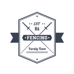 Fencing team vintage emblem, logo, badge, sign with crossed foils, over white, vector illustration