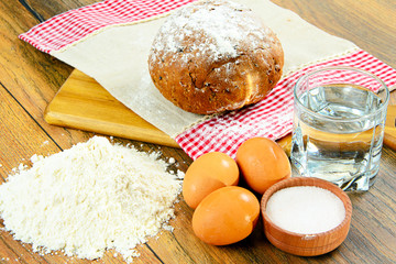 Bread, flour, egg, water. Baking.