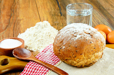 Bread, flour, egg, water. Baking.