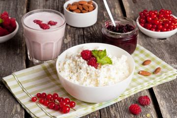 breakfast with fresh homemade cottage cheese with raspberry