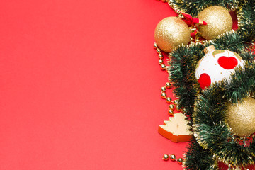 Christmas decorations on red background