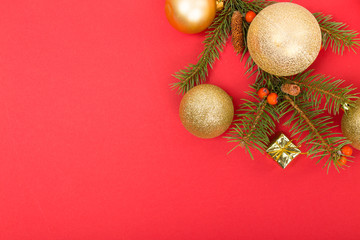 Christmas decorations on red background