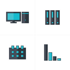 computer, file, calendar, graph icons black and blue