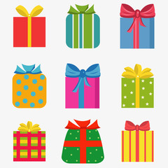 Set of nine colorful of different gift  boxes