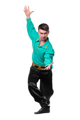 Dancing man wearing a toreador costume. Isolated on white in full length