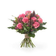 Autumnal bouquet made of rose, alstroemeria and pinecones