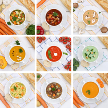 Collage Suppe Suppen Tomatensuppe Gemüse Gemüsesuppe von oben