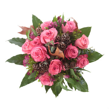 Autumnal bouquet made of rose, alstroemeria and pinecones