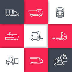 Transportation line icons, Cargo truck, Freight train, Forklift, vector illustration