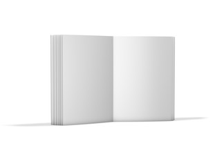 Open booklet brochure standing on floor.