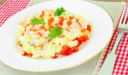 Salad with Ham, Peppers, Cheese, Red Caviar and Egg.