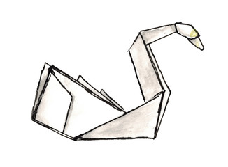 Watercolor sketch swan origami isolated