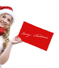 Mädchen mit Weihnachtsmütze und Weihnachtskarte