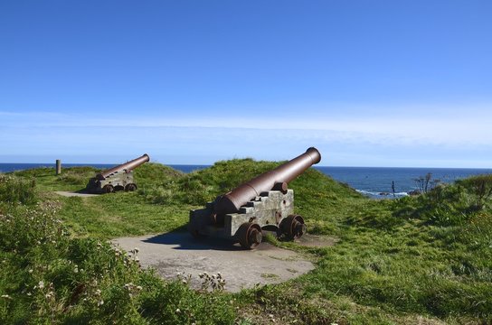 The cannons at King's Mount, a 16th century artillery fortification overlooking Eyemouth, Scotland