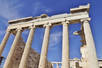 The Acropolis in Athens, Greece. Detail of the Parthenon: columns, capitals and frieze.