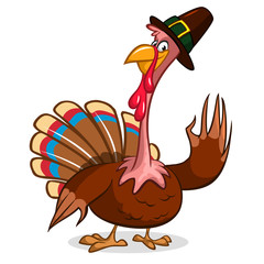 Cartoon turkey waving in pilgrim hat.Vector, grouped for easy editing. No open shapes or paths