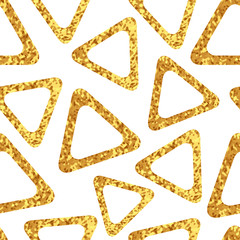 Geometric background with golden triangles on white. Sparkling seamless pattern.