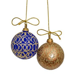 Beautiful Christmas balls are suspended on a gold thread, isolat