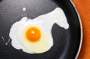 Natural fried egg in a frying pan with non stick coating.