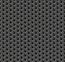 Seamless abstract background metallic honeycomb - hexagons with holes. In each cell, a round hole.  Color - steel darker shade.  3D Vector illustration.