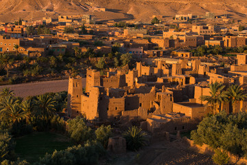 View of Ait Benhaddou Kasbah at sunrise, Ait Ben Haddou, Ouarzaz