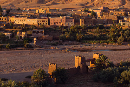 View of Ait Benhaddou Kasbah at sunrise, Ait Ben Haddou, Ouarzaz