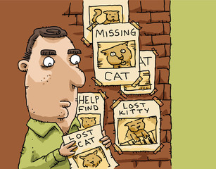 A cartoon man hanging paper poster flyers looking for his lost pet cat.
